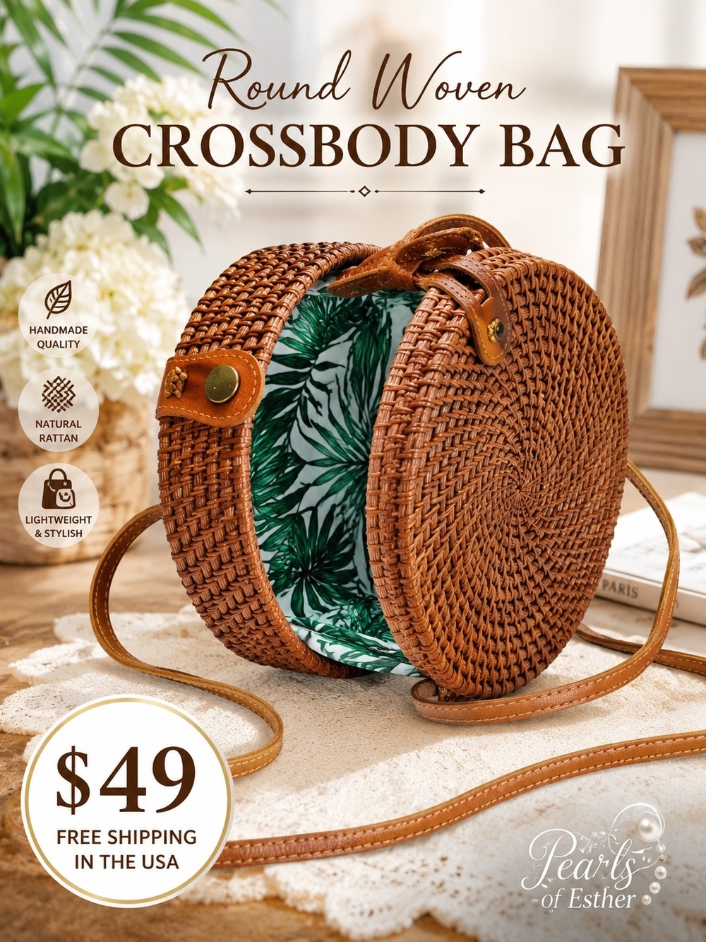 Round Woven Crossbody Bag - Brown